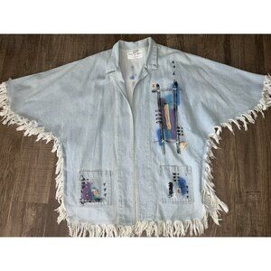 Denim Fringed Jacket XL Southwestern Painted Cotton Open Front Whimsiegoth Hip
